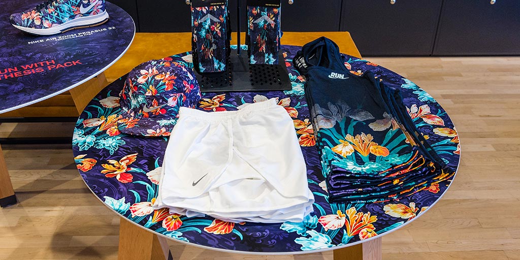 Image of colorful Hawaiian-print table and matching shorts and shoes
